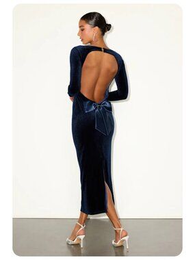 NWT Lulus Verity Navy Blue Velvet Backless Bow Long Sleeve Midi Dress sz L